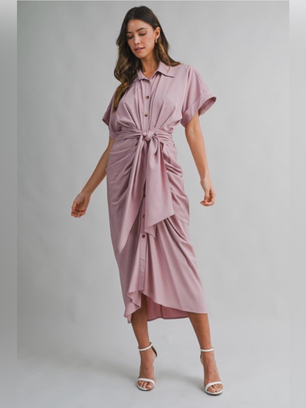 A705. Mable Tie-Front Midi Shirt Dress in Dusty Mauve